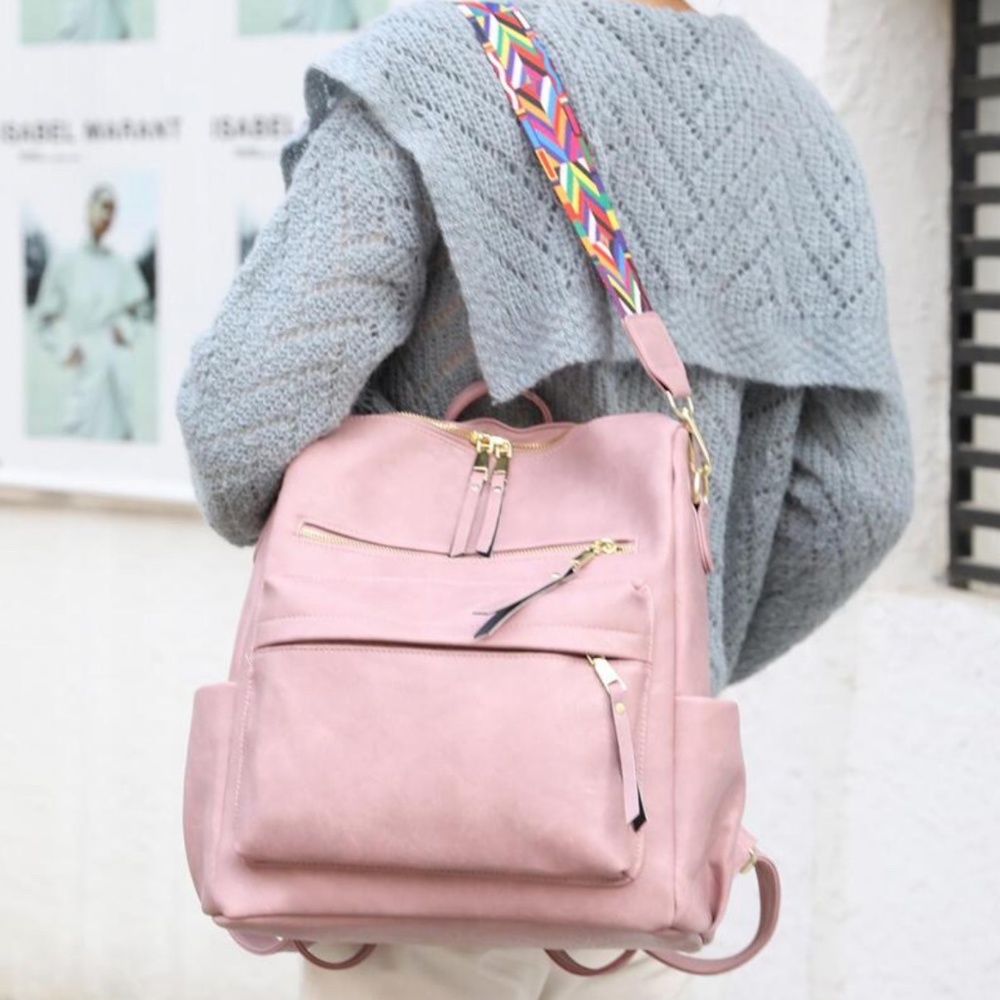 Luxe Vegan Leather Colorful Strap Backpack Shoulder bag - Picture 6 of 14